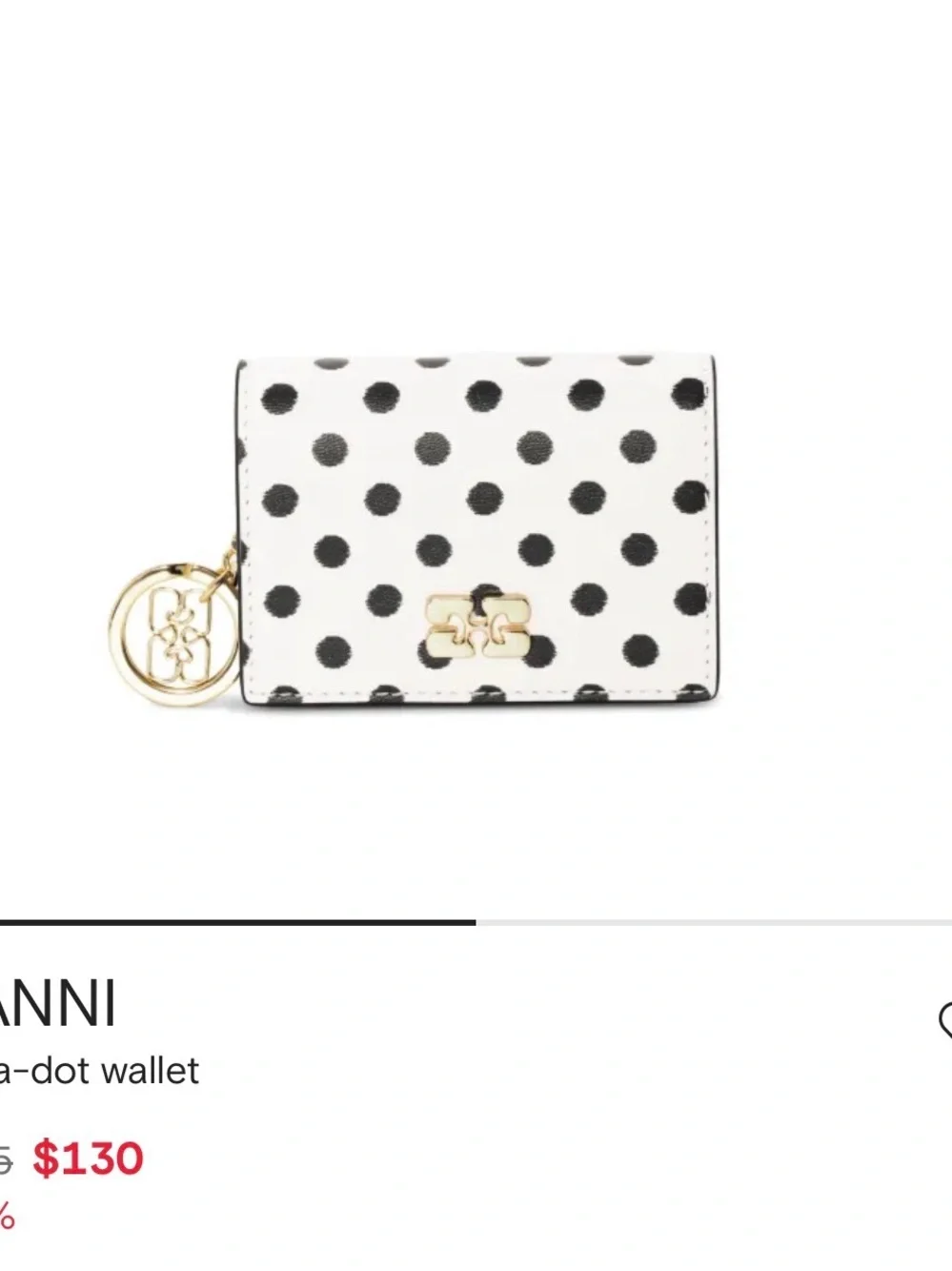 Ganni White Leather Polka Dot Card Wallet with Gold Charm